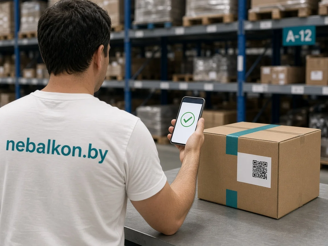 Сотрудник сканирует QR на коробке телефоном перед выдачей