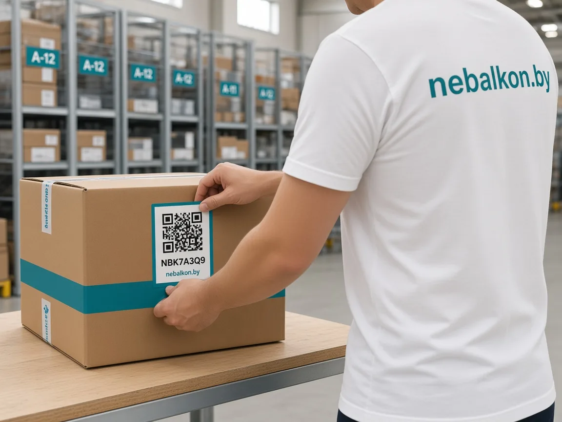 Сотрудник клеит QR-этикетку на коробку на фоне стеллажей склада