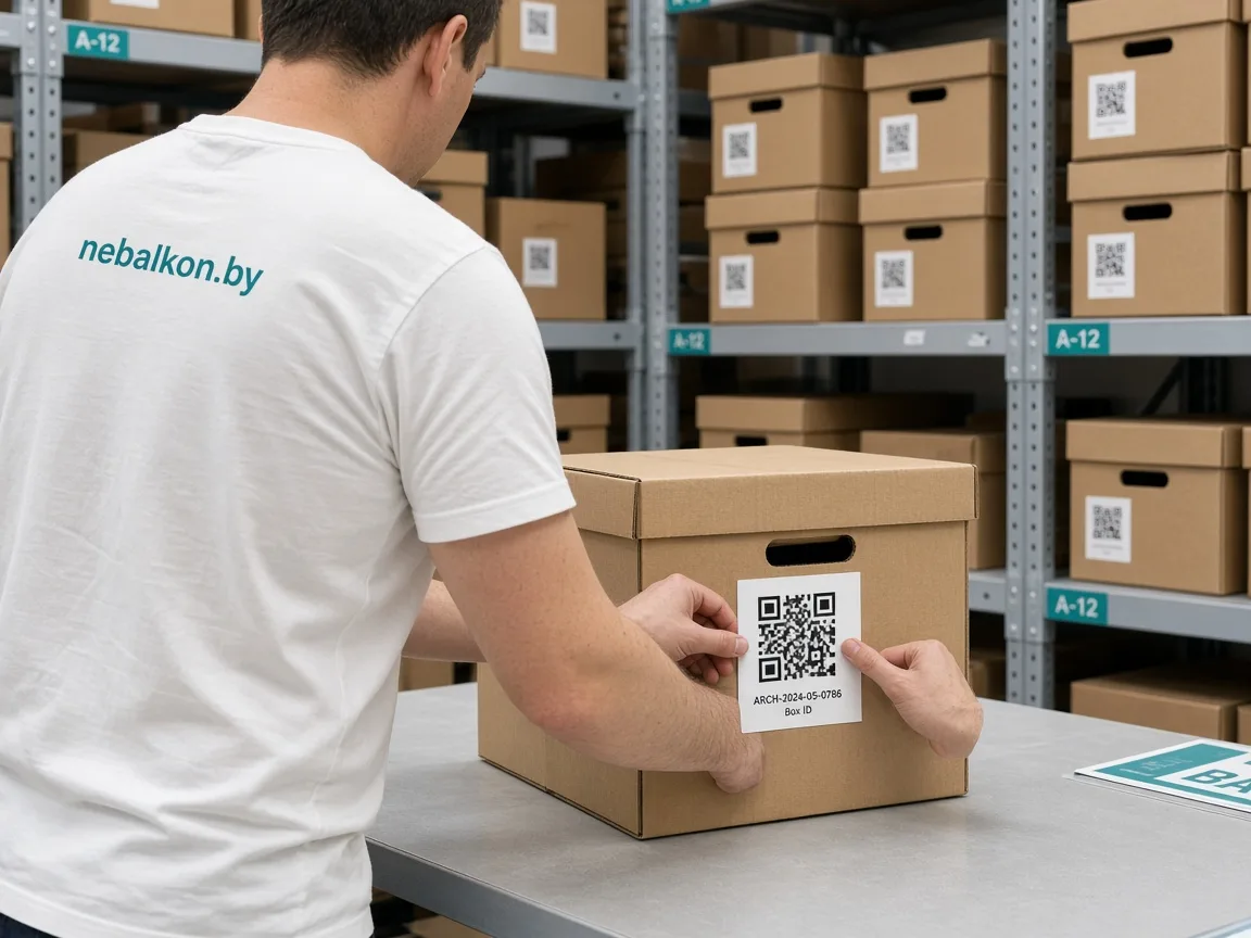 Маркировка архивного короба с QR-кодом на складе