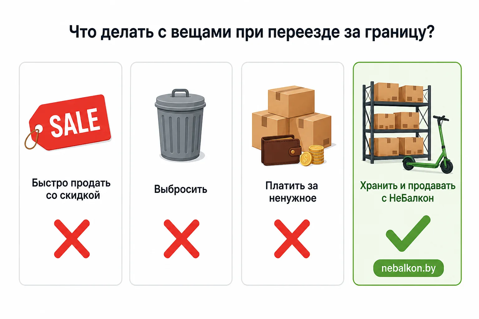 Четыре варианта: быстро продать, выбросить, платить за ненужное или хранить и продавать с НеБалкон